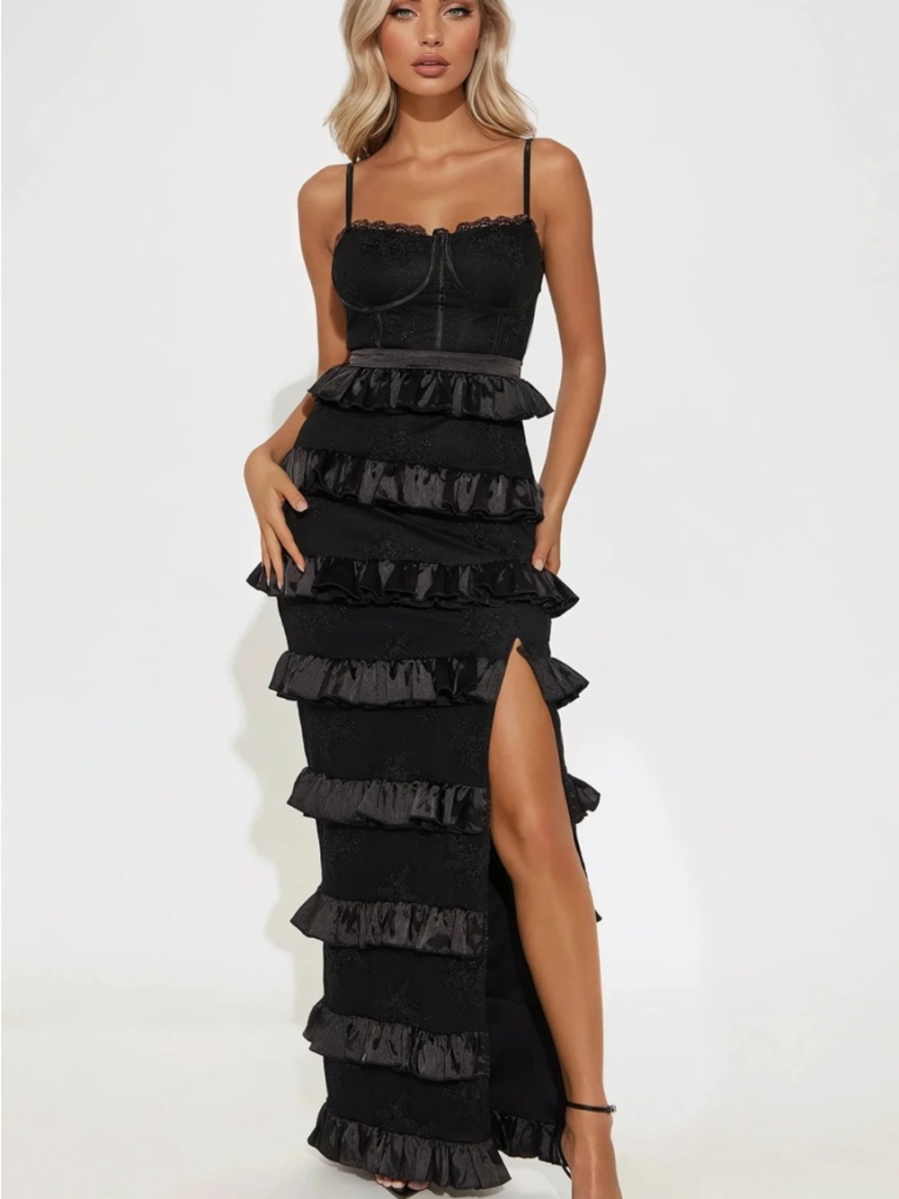 Fashion Nova Helena Tiered Satin Lace Maxi Dress with Side Slit
